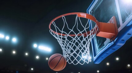 Fototapeta premium A dynamic shot capturing a basketball mid-air, approaching the hoop, set against a vibrant arena backdrop.