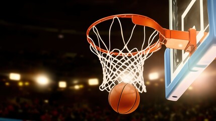 A basketball soaring through the air, heading for a slam dunk in a vibrant arena filled with spectators.