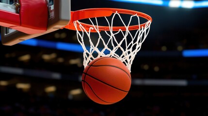 Fototapeta premium A basketball swooshes through the net in an intense game, capturing the thrill of sports excitement.
