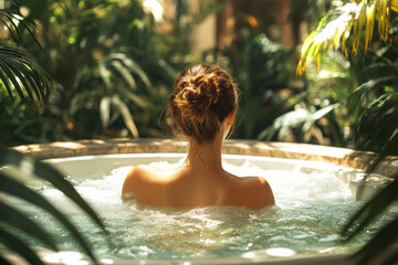 Woman receiving hydromassage in verdant tropical setting, experiencing serene wellness amid lush greenery and tranquil spa environment