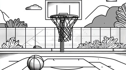 A minimalistic black and white illustration of a basketball court featuring a hoop and a ball, set in a serene outdoor area.