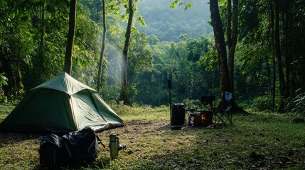 A serene camping setup amidst lush forest surroundings, Camping gear neatly organized, Rustic outdoor style