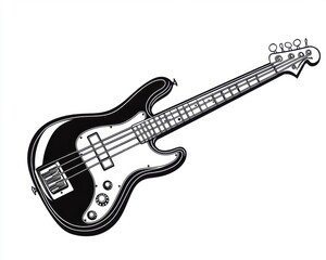 Stylish black electric bass guitar illustration on a white background, showcasing sleek design and details.