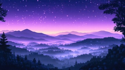 Naklejka premium Serene Mountain Landscape Underneath a Starry Purple Sky