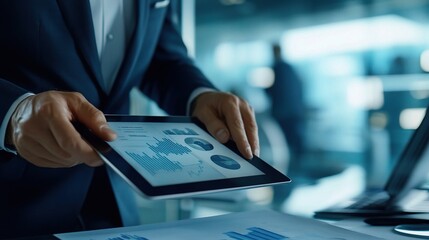 Middle Aged Businessman Using Digital Tablet in Modern Office Setting