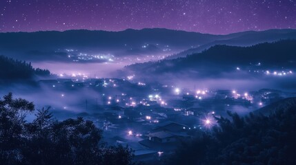 Naklejka premium Nighttime Village Nestled In Misty Mountains Under Starry Sky