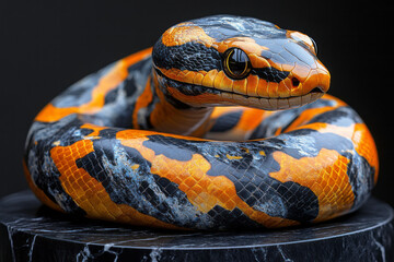 Fototapeta premium A python hatchling sculpted from marble, with veins of gold running through its small, coiled body,