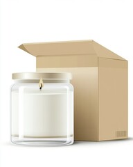 A clear glass candle jar with a lit wick next to an open cardboard box, creating a warm, inviting atmosphere.