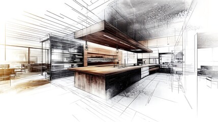 Stunning Modern Kitchen Design: Architectural Sketch Render. AI Generated