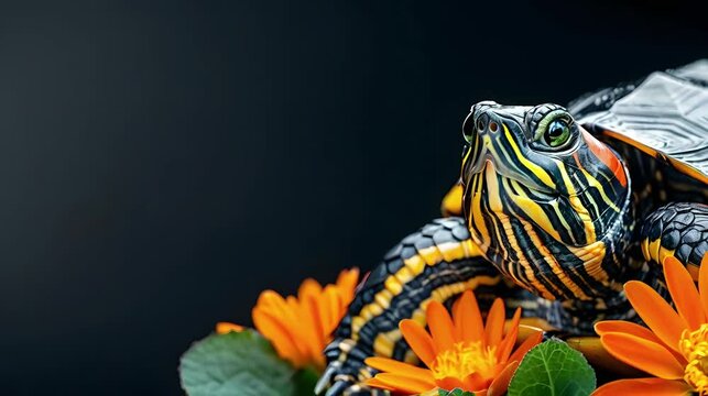 Turtle against dark background.