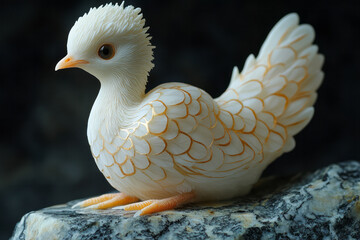 Obraz premium A peacock chick sculpted from marble, with golden veins accentuating its tiny, fluffy body,
