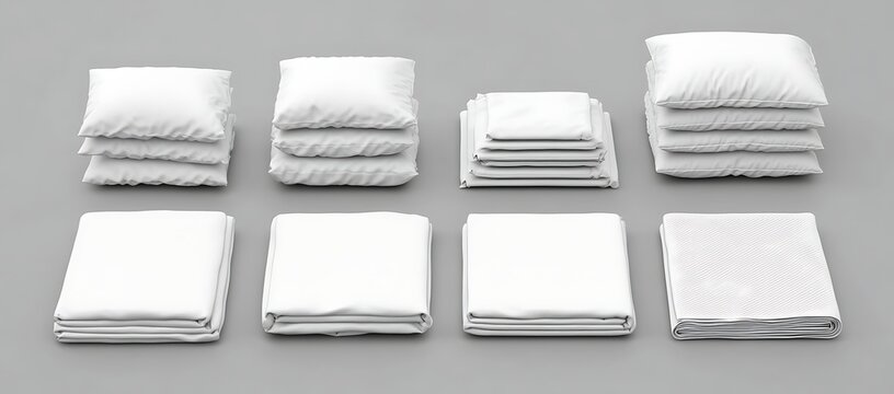 Stacks of white pillows, folded sheets, and blankets on a gray background.