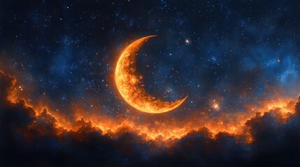 A vibrant crescent moon amidst a starry night sky and glowing clouds.