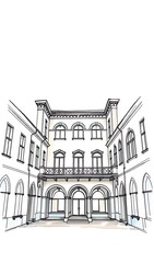 Elegant Hand-Drawn Sketch: Classic Building Courtyard. AI Generated