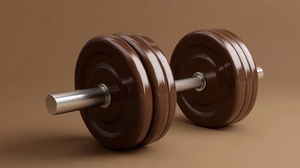 A close-up of a chocolate-colored dumbbell against a warm brown backdrop, evoking a playful fitness vibe.