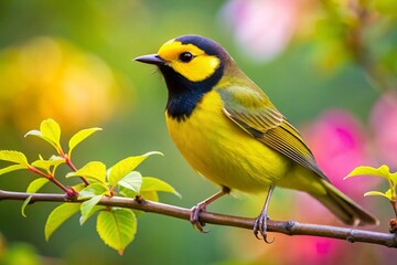 Hooded Warbler Bird in Soft Focus with Bokeh Background - Wildlife Photography