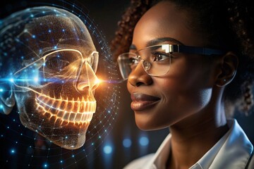 New digital artificial intelligence technologies in dental prosthetics. Implants. A black female dentist with a perfect smile and digital dental graphics on a virtual screen.