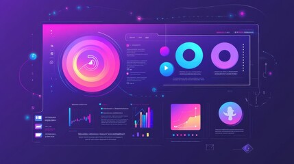 Fototapeta premium A vibrant abstract digital interface showcasing data visualization and interactive elements in purple and pink hues.