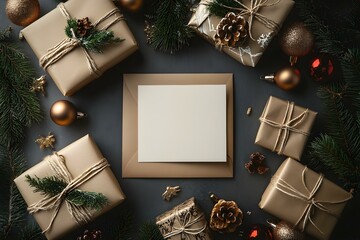Elegant Blank Card Mockup Surrounded by Christmas Gifts and Ornaments for Festive and Stylish Presentation
