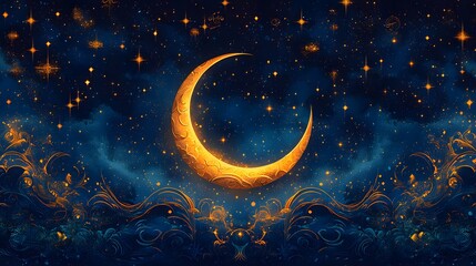 Fototapeta premium A digital illustration of a luminous crescent moon amidst a breathtaking starry night. The scene is filled with an enchanting atmosphere. A Celestial Tapestry