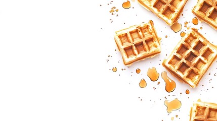 Delicious Golden Waffles Drizzled with Syrup: High-Angle Photo Mockup. AI Generated