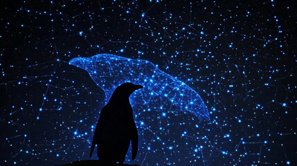 Fototapeta premium Penguin. A grid of blue stars in the night sky. Glowing dots create the shape of a penguin
