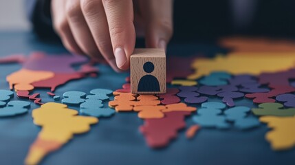 hand places wooden block with person icon on colorful map, symbolizing connection and collaboration. This conveys teamwork and global interaction
