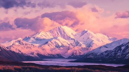 Majestic Snowcapped Mountains at Sunset Overlooking a Glacier