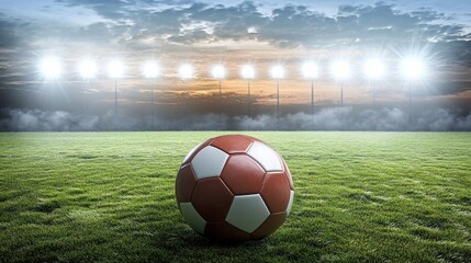 A close-up of a classic soccer ball on a vibrant green field, illuminated by bright stadium lights at dusk.