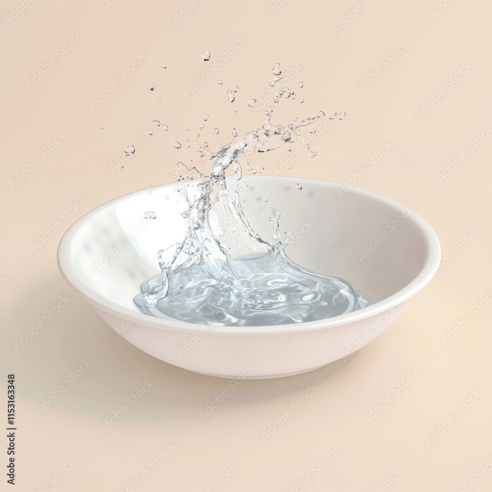 Poster a close-up of a white bowl splashing water, creating a dynamic and refreshing visual effect.