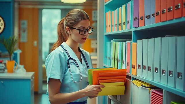 A clock and hospital branding can be seen on the wall behind a filing cabinet with a nurse sorting colour-coded folders according to urgency.