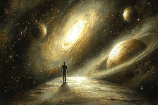 A lone figure stands in awe beneath swirling galaxies, with distant planets illuminating the cosmic landscape.