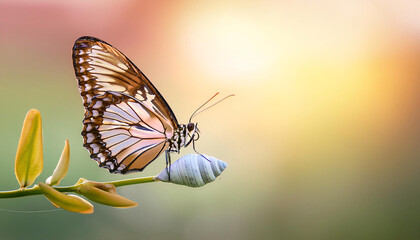 Fototapeta premium A stunning butterfly perches on its empty chrysalis, unfurling its colorful wings in warm sunlight. This moment captures the beauty of transformation and nature's elegance