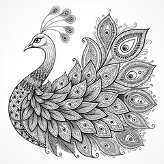 Fototapeta premium Intricate Black and White Peacock Illustration with Mandala-Inspired Feather Patterns