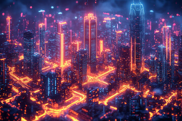 Fototapeta premium Isometric futuristic cityscape with glowing skyscrapers and flying cars,
