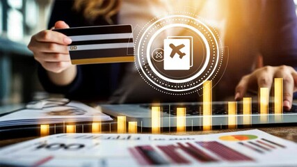 Businesswoman with credit card working on a laptop beside a rising graph processing a declined visa application, Visa rejection, visa refusal, visa denied theme