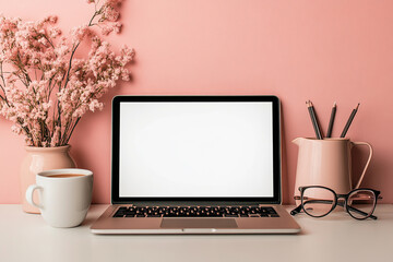 Fototapeta premium Stylish Pink Desk Setup for Creativity and Productivity
