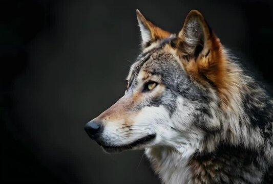 Majestic wolf against black background.