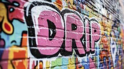 word " DRIP " , paint on wall with grungy graffiti style, Gen Z slang mean something or someone is very cool, stylish, or awesome