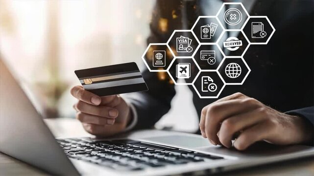 Person holding a credit card using a laptop with digital visa rejection icons and hexagonal shapes in the background, Visa rejection, visa refusal, visa denied online processing