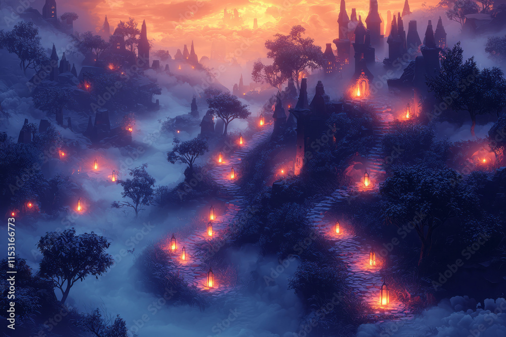 Poster isometric haunted forest with creepy trees and flickering lanterns,