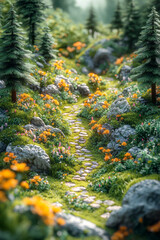 Isometric enchanted meadow with fairies and magical plants,