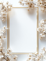 Simple and gorgeous wedding card frame design, the frame is consist of white flowers, golden leaves, and gold lines