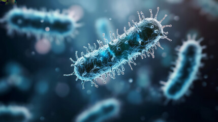 Fototapeta premium Bacteria is a hologram. Holographic projection of a molecule. Flickering energy flux of particles. Research design the virus