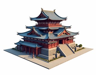 Illustration of japanese kingdom building architectural design, 1500s, Japanese kingdom building model, sturdy, eagle eye shot, isolated on white background