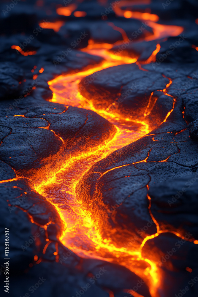Aufkleber isometric lava field with flowing magma and dark rocks,