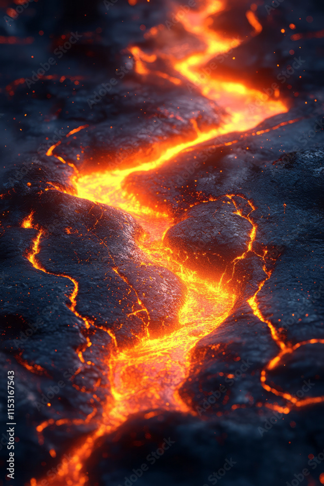 Poster Isometric lava field with flowing magma and dark rocks,
