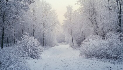 Obraz premium A snowy forest clearing surrounded by frosty bushes.