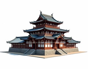 Illustration of japanese kingdom building architectural design, 1500s, Japanese kingdom building model, sturdy, eagle eye shot, isolated on white background