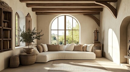 Warm Mediterranean Living Room with Curved Sofa, Rustic Beams, and Arched Window Light